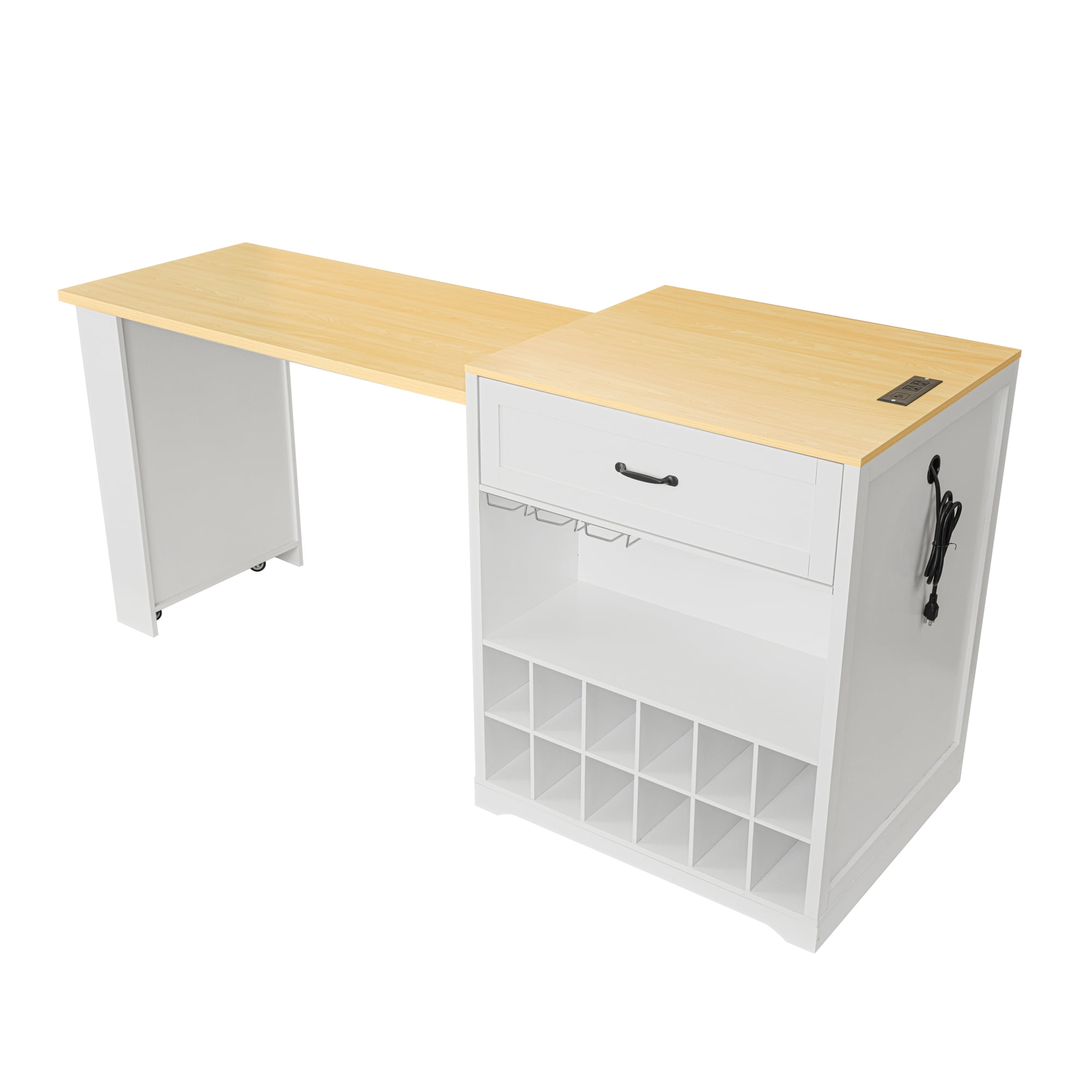 Noble House Extendable Counter Table with Wheels & Power Outlet,White+Natural
