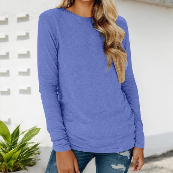 Oversized Long Sleeve Shirts For Women Comfortable Loose Crew Neck Solid Color Tunic Tops Lightweight Fall Winter Work Tee Pullover Outfits Blue L