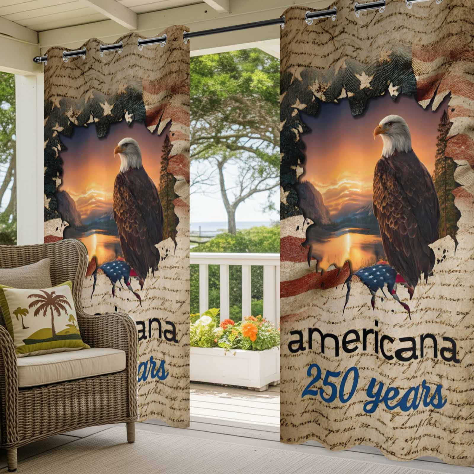 Independence Day Outdoor Curtains for Patio, Retro American Flag Eagle Sunset 250 Year Sunshade Privacy Drapes Grommet Waterproof Outside Curtains for Porch/Cabana/Balcony 54"x 108", 1 Panel