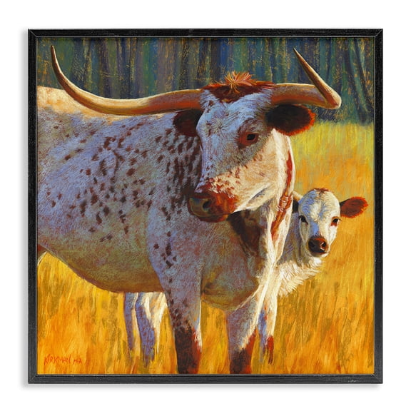 Stupell Industries Farmhouse Longhorn Cow Calf Grassland Farm Black Framed Giclee Art, 17 x 17, by Rita Kirkman