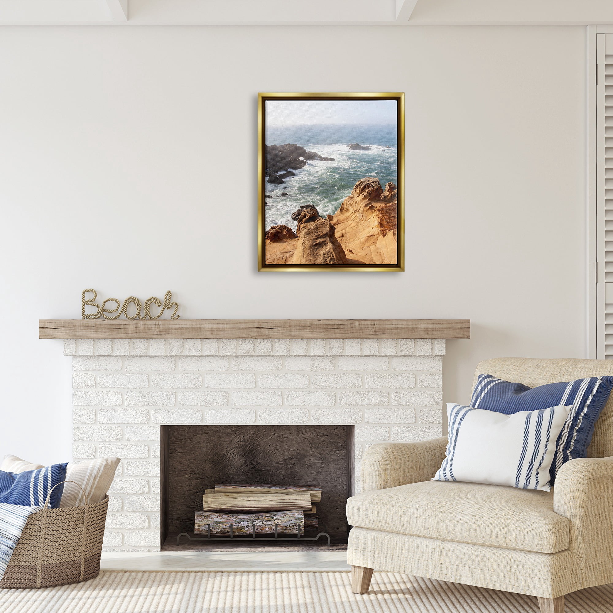 Stupell Industries Sea Cove Splashing Waves Landscape Photography Gold Floater Framed Canvas Art Print Wall Art, 25 x 31