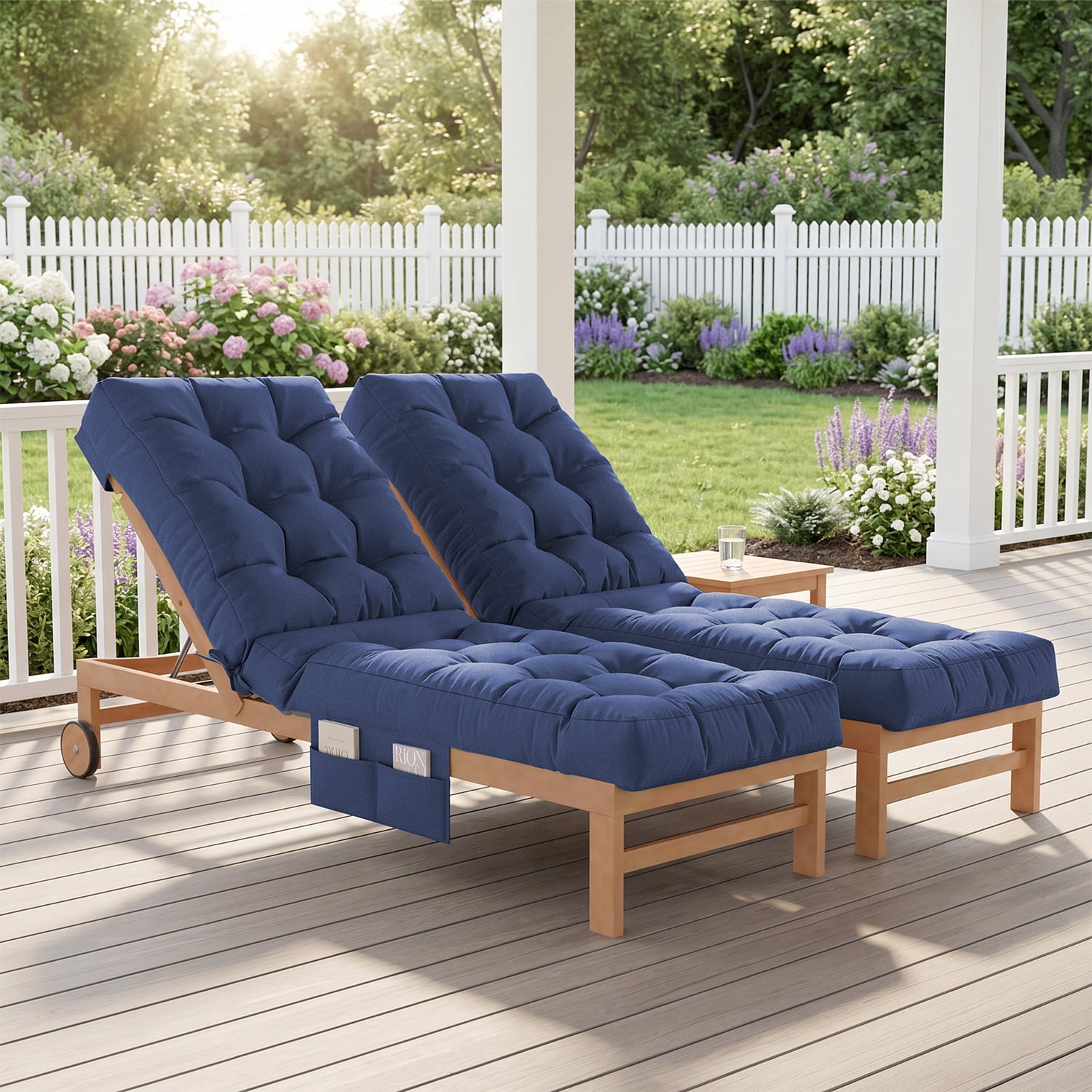 BaPiPro Navy Blue 2-Pack Outdoor Chaise Lounge Cushion with Side Pocket, Triple Non-Slip Fixation, All-Weather Durable & Soft Fabric, Thickened Padding, Ideal for Patio and Poolside Use