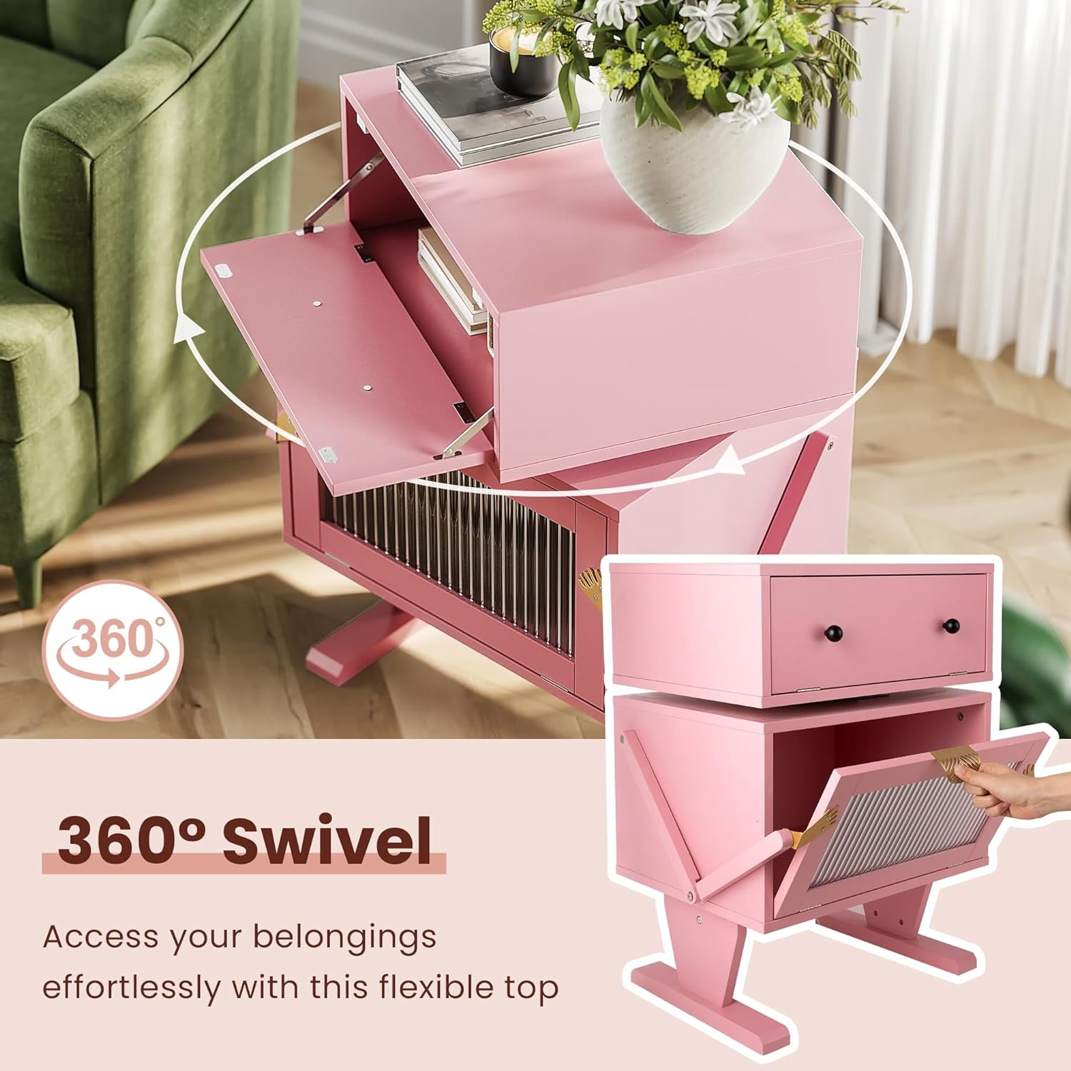 Heynemo Pink Nightstand with LED Light Strips 360° Rotating Drawer, Modern End Table with Glass Door Storage, Wood Bedside Table Cabinet for Living Room, Bedroom