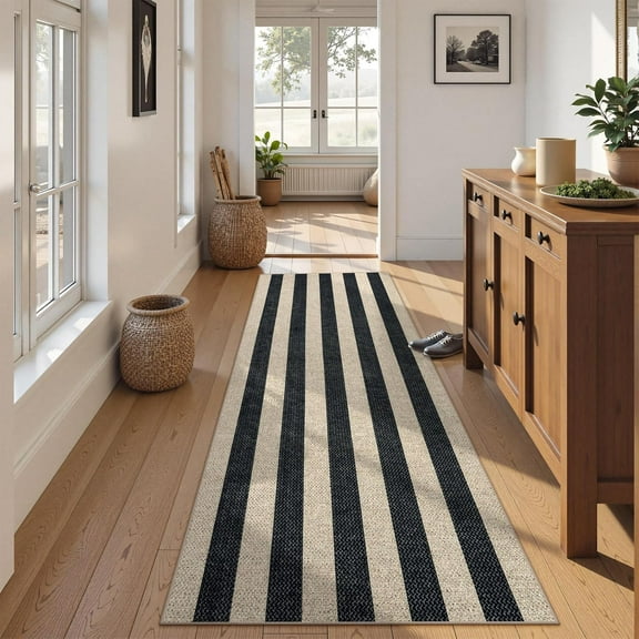 Striped Easy Jute Kitchen Runner, 2x8 Washable Runner Rug for Hallway Entryway, Farmhouse Non Slip Non Shedding Black Indoor Outdoor Carpet for Entry Porch