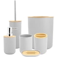 thumbnail image 2 of AYNEFY Juego de baño de 6 piezas, accesorios de baño modernos, inodoro, accesorios de baño, kit de baño, dispensador de jabón, portacepillos de dientes, jabonera, taza, juego de portaescobillas, bote de basura, bambú + PP (negro), 2 of 7