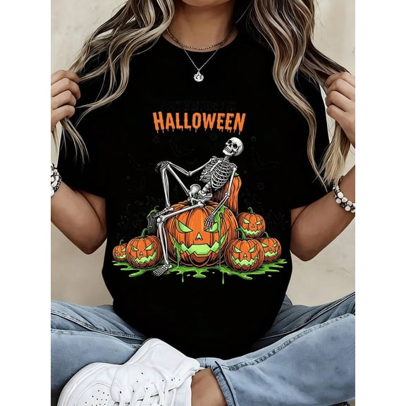Halloween Skeleton Pumpkin Graphic Tee Just Waiting For Halloween Print Casual Holiday Party Top
