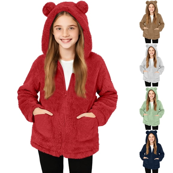 Miluxas Girls Fleece Jacket Kids Zip Up Fall Winter Fuzzy Sherpa Outwear Coat with Pockets Red 14-15Years