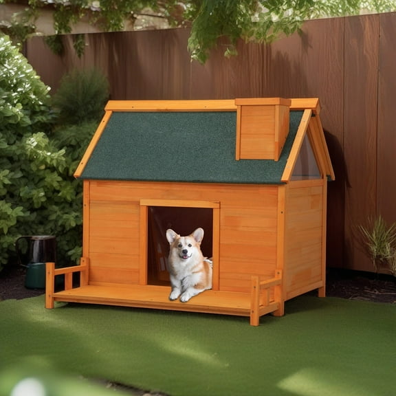 Pefilos 38" Wooden Weatherproof Dog House, Outdoor Dog Kennel for Small Dogs, Cabin Style Raised Dog Shelter with Asphalt Roof, Orange