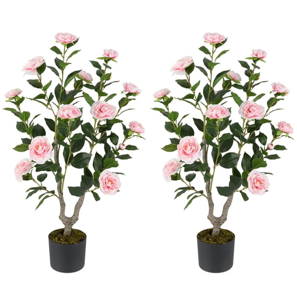 Árbol de camelia artificial Goplus de 36 pulgadas, paquete de 2 con maceta, rosa