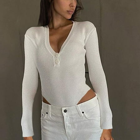 

fartey Women s Bodysuit Long Sleeved Knit Stretch Sexy Basics Versatile Solid Color Fashion Tight Fitting Cutout Jumpsuit