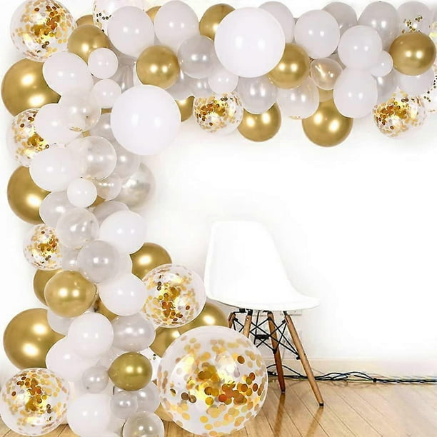 Kit de arco y guirnalda de globos, juego de decoración de globos de fiesta de 138 piezas, confeti dorado y globos plateados, blancos y transparentes para despedidas de soltera y baby shower, bodas