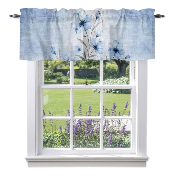 Boho Translucent Floral Valances for Windows, Shabby Chic Blue Flower Valance Window Treatment Rod Pocket Short Curtains Valances for Kitchen Bathroom 54"W x 18"L