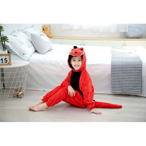 Pijama de una pieza de dibujos animados de invierno para niños, vergonzoso dinosaurio de franela, rendimiento de ocio