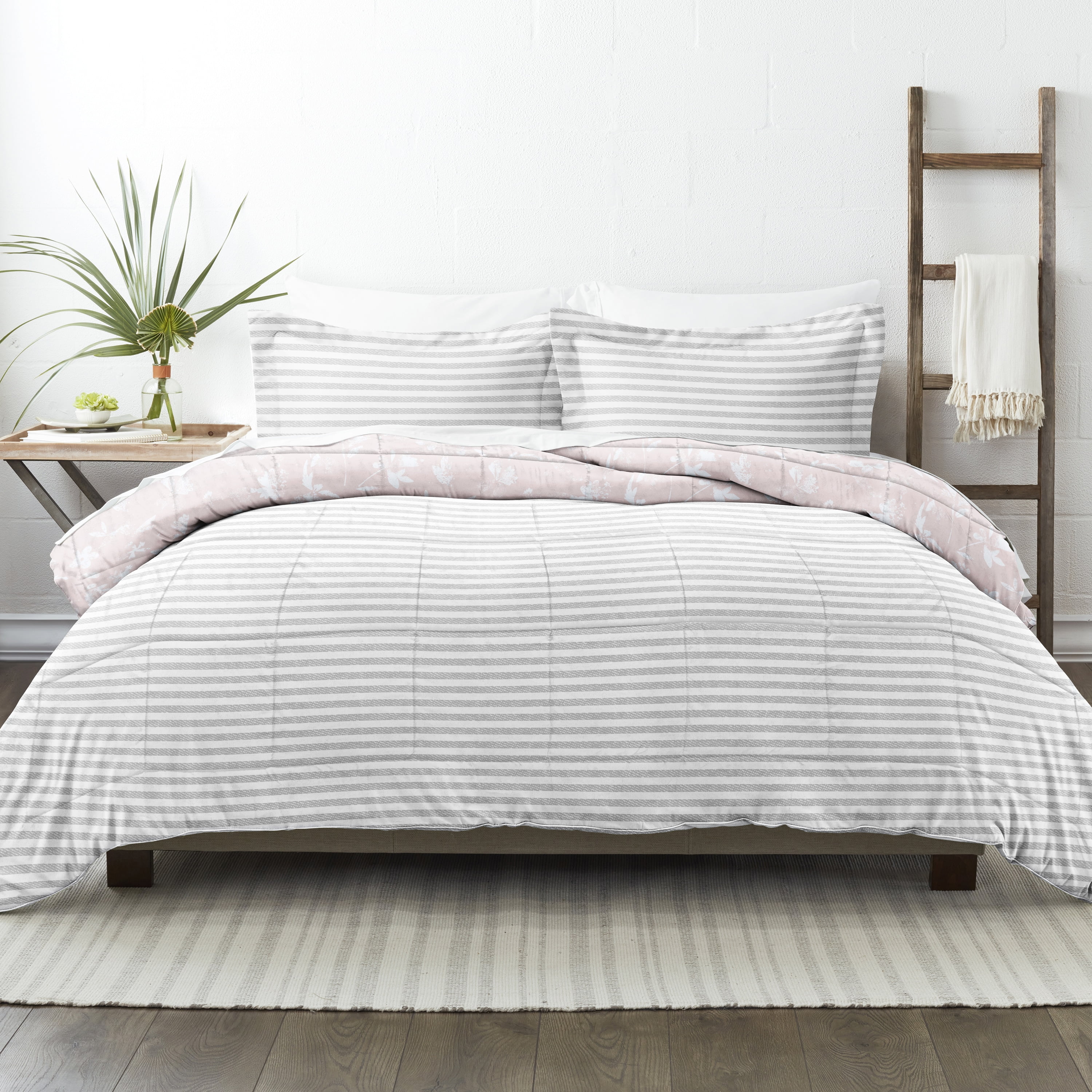 Noble Linens 2-Piece Pink Pressed Flowers Reversible Print Comforter Set, Twin/TwinXL