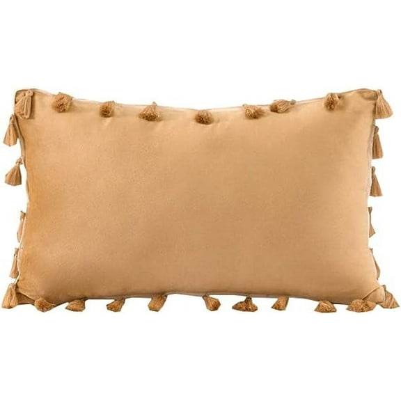 Zhuge Velvet Soft Solid Decorative Throw Pillow Cover with Tassels Boho Accent Cushion Case for Couch Bedroom Car Khaki 12''x20''