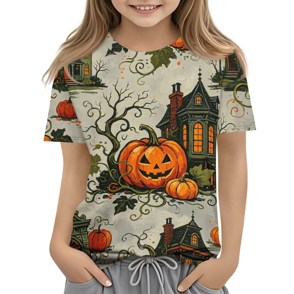 Abcomgle Girls Halloween Shirts Size 14 Spooky Pumpkin Gothic House Graphic T-Shirts for Kid Girls Crewneck Short Sleeve T-Shirts for Girls Fall Funny Cute Tee Top Girls