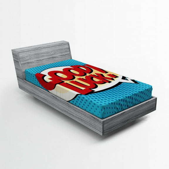 Going Away Party Fitted Sheet, Comic Book Pop Art Style Retro Speech Balloon Luck Text, Soft Decorative Fabric Bedding, Twin Size, Pale Blue Red Yellow, by Ambesonne