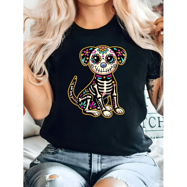 Halloween T-shirt - Day of the Dead Puppy Skeleton Graphic Tee for Girl - Vibrant Black Casual T-Shirt with Colorful Skull & Flower Design, Fashion | Playful Graphic Tee | Stretchy Fabric Shirt