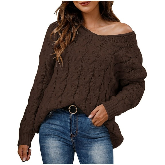 Htigea Womens Hooded Sweaters Cable Knit Long Sleeve Hoodies Oversized Casual Pullover Tops Solid Sweater Brown S