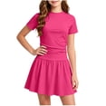 thumbnail image 2 of SROBPTY Teen Girls Dresses Solid Crew Neck Short Sleeve Pleated A Line Mid-Length Sundress for 5-15Y, 2 of 4