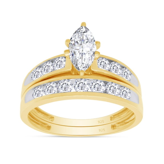 AFFY White Cubic Zirconia Love 2 In 1 Promise Ring Set In 14k Yellow Gold Over Sterling Silver