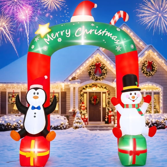Firstness 9ft Christmas Inflatables Archway Snowman Penguin Gift Boxes Blow ups Xmas Decor with LED Light for Outdoor Yard Decoration