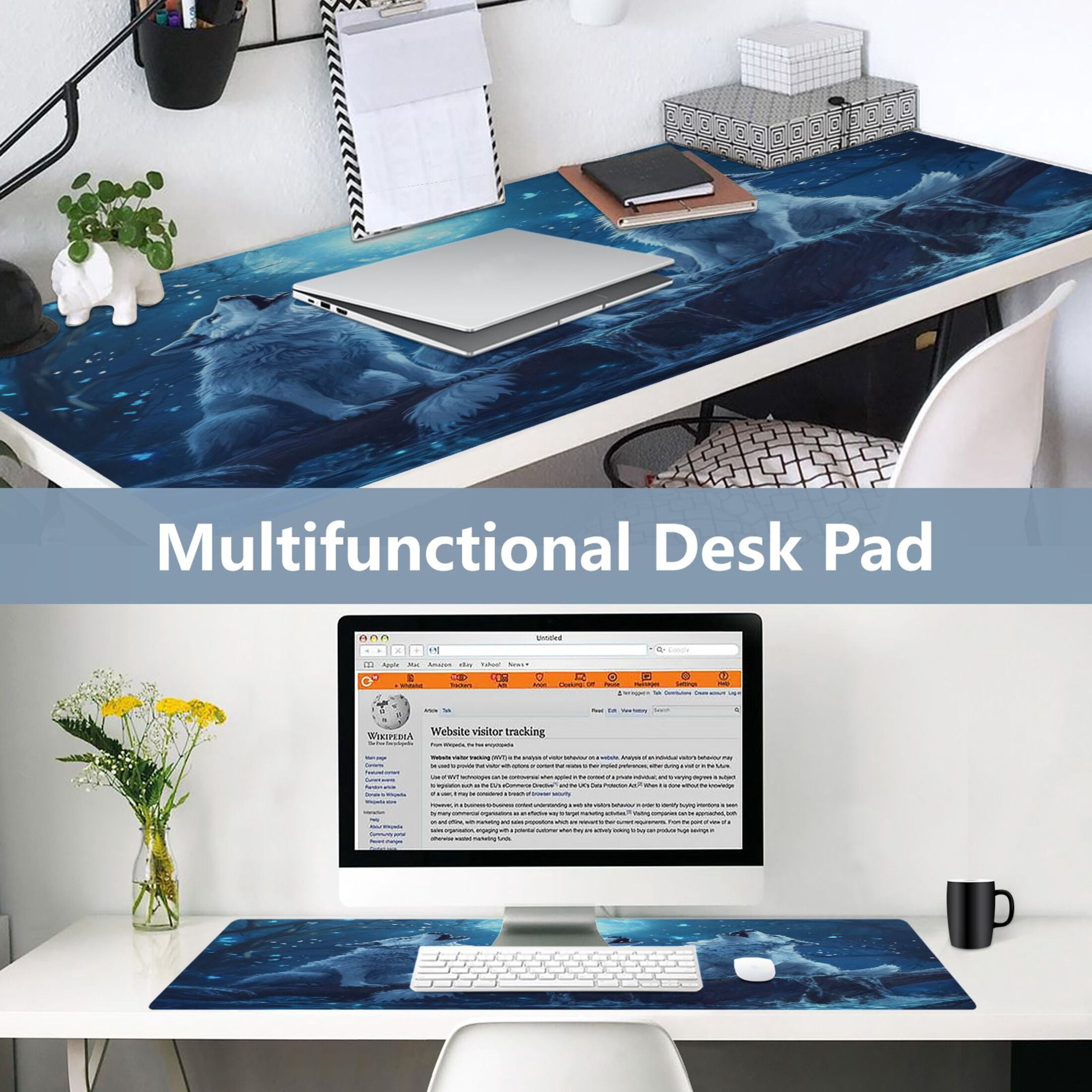 Leather Keyboard and Mouse Desk Mat Office Desk Accessories Protective Office Desk Decor Desk Pad Mat for Gaming, Work from Home, Office Three Blue Wolves 16.5" x 35.4"