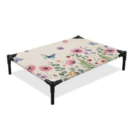 Spring Wildflowers Elevated Dog Bed Country Vintage Pink Purple Flower Butterfly Green Leaf Cooling Breathable Outdoor Raised Dog Cot Bed with Metal Frame Non-Slip Feet for Large Dog 28x22in