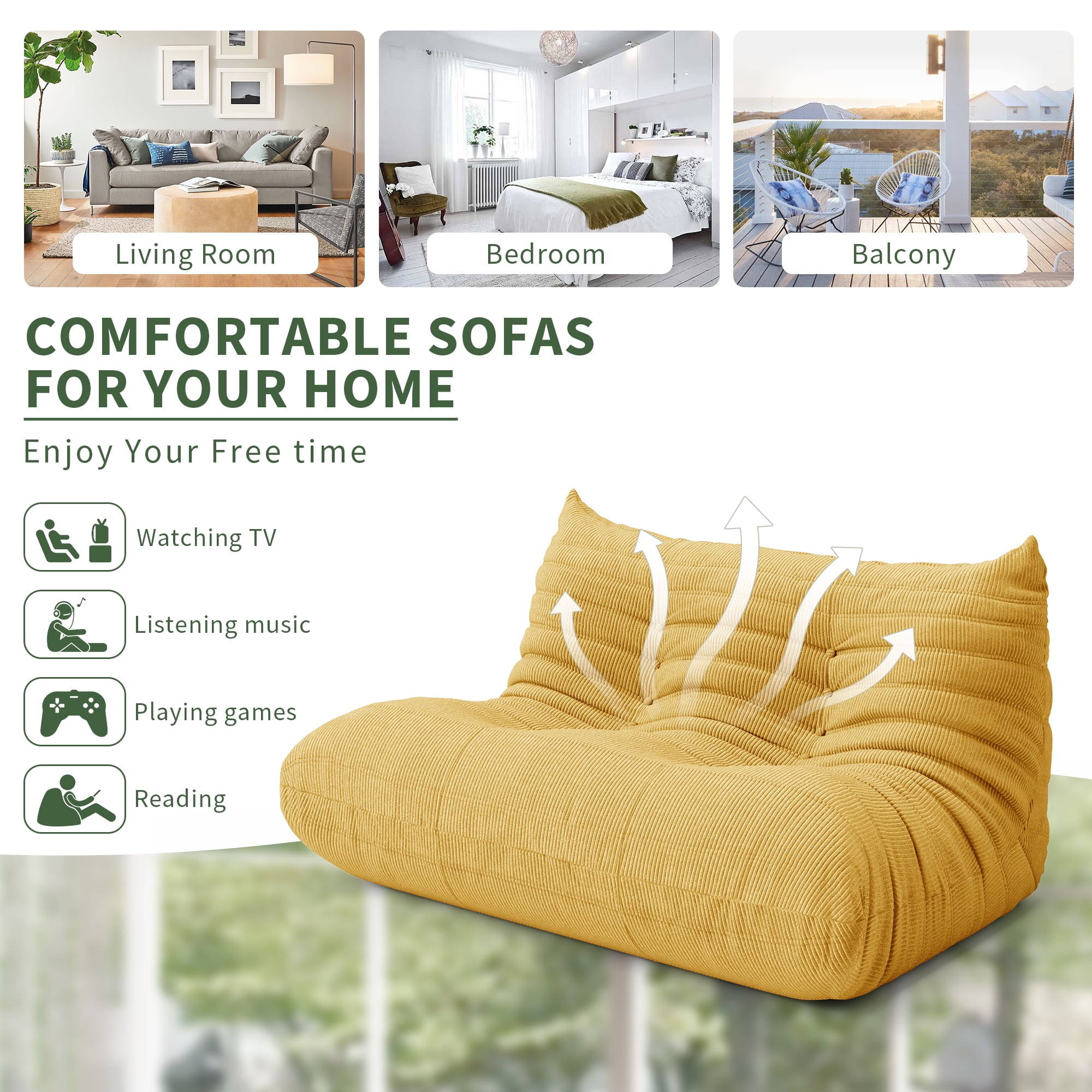Gtilzria Lazy Sofa, Bean Bag Chair for Adults Floor Couch for Living Room, Bedroom, Corduroy, Yellow