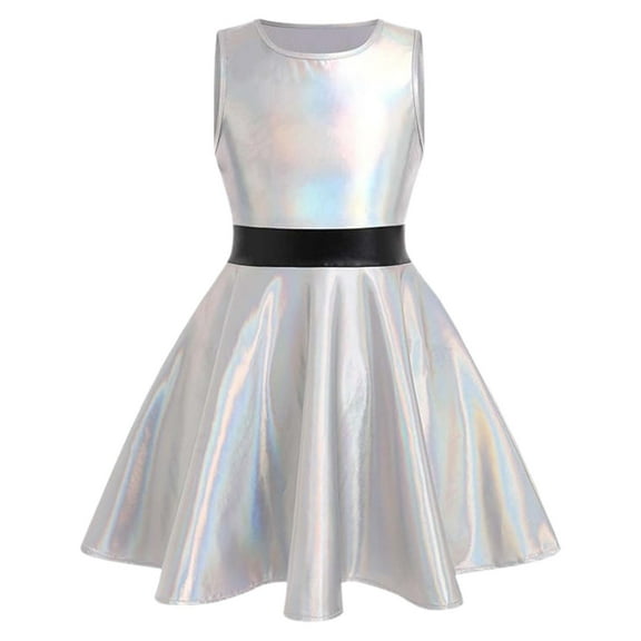 Fgnfyis Shiny Metallic Flare Party Dress for Girls Toddler Sleeveless Performance Outfit Elegant Sparkly Stage Silver 8-9 Years