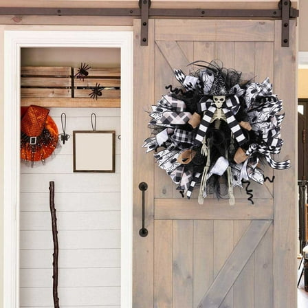 TOPRenddon Halloween Skeleton Wreath for Front Door 16 Inch Black Wreath with Witches Hat Ornament Garland Spooky Elegant Decoration for Door, Porch, Window, Indoor and Outdoor Decor (Skeleton)
