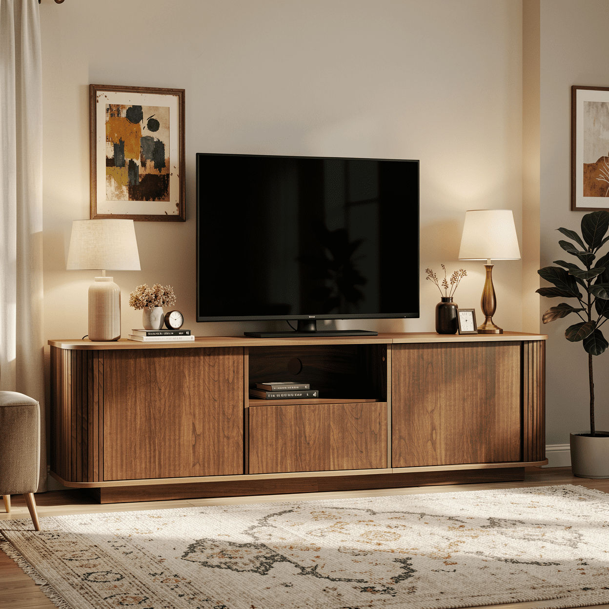 Homy Casa 70.9" TV Stand, Fluted Media Console with Storage and Cable Hole, Brown