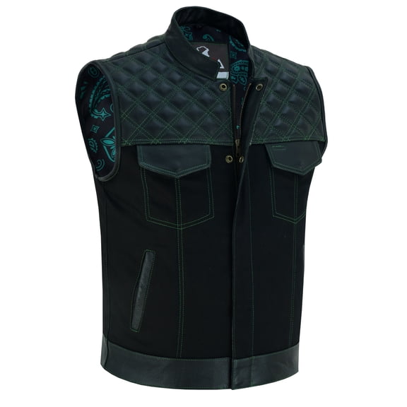 Lesa Collection Mens Black Denim & Leather Motorcycle Club Vest Green Thread Zipper Front, Diamo - S