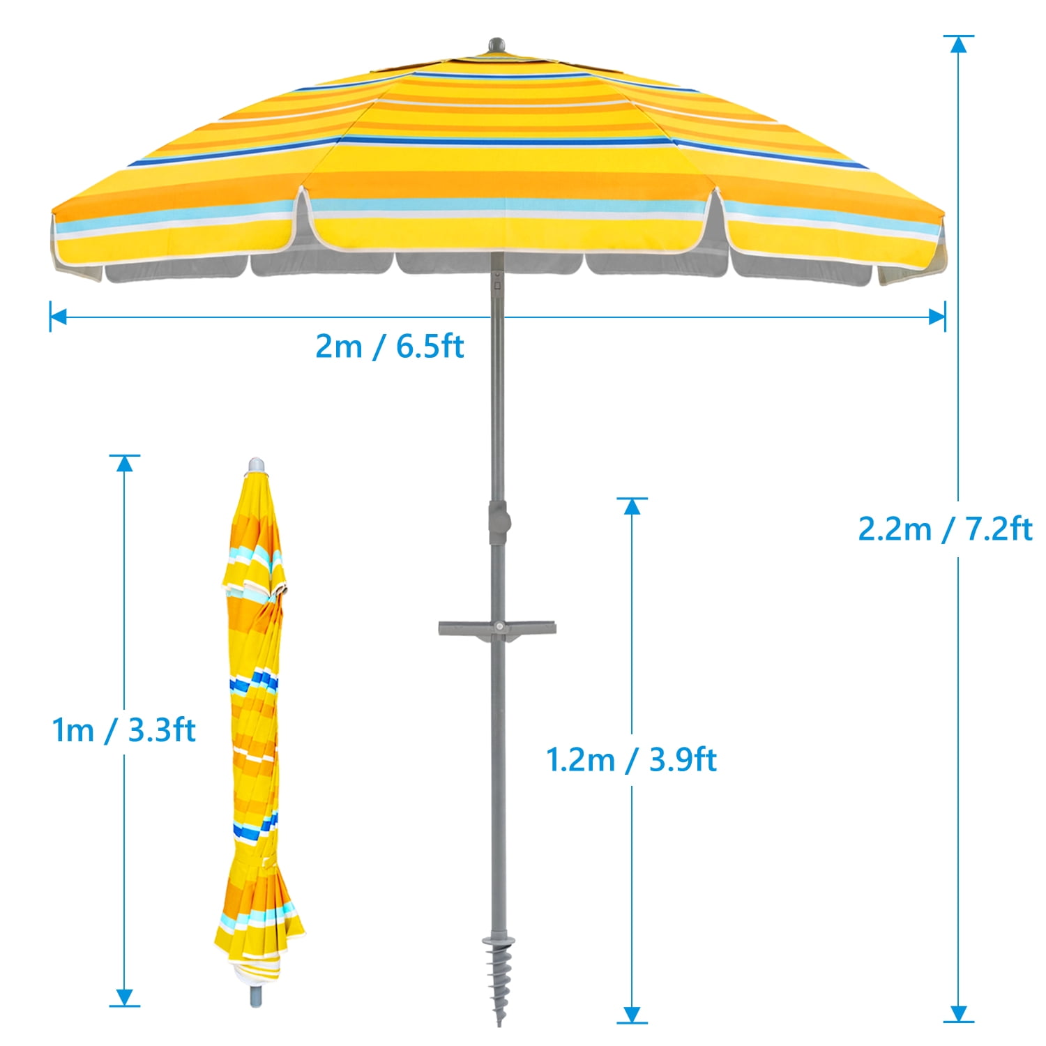 Beach Umbrella for Sand with Sand Anchor & Tilt, 7ft Beach Umbrella for Heavy Duty Wind Portable with Carry Bag and Hook, for Patio Pool Sea