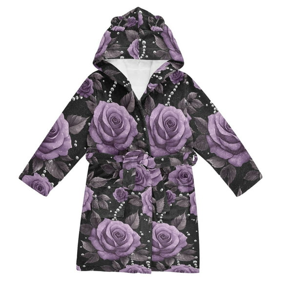 FORMRS Niños Bathrobe Unisex Hooded Robe Soft Plush Pajamas Sleepwear, Size 2-3T, Black Roses