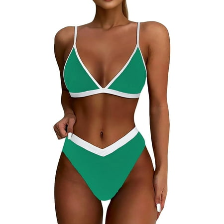 Biziza Padded Two Piece Swimsuit for Women Green Trendy with Built in Bra 2025 Solid Color Bikini Sets Split Tummy Control Swimsuits