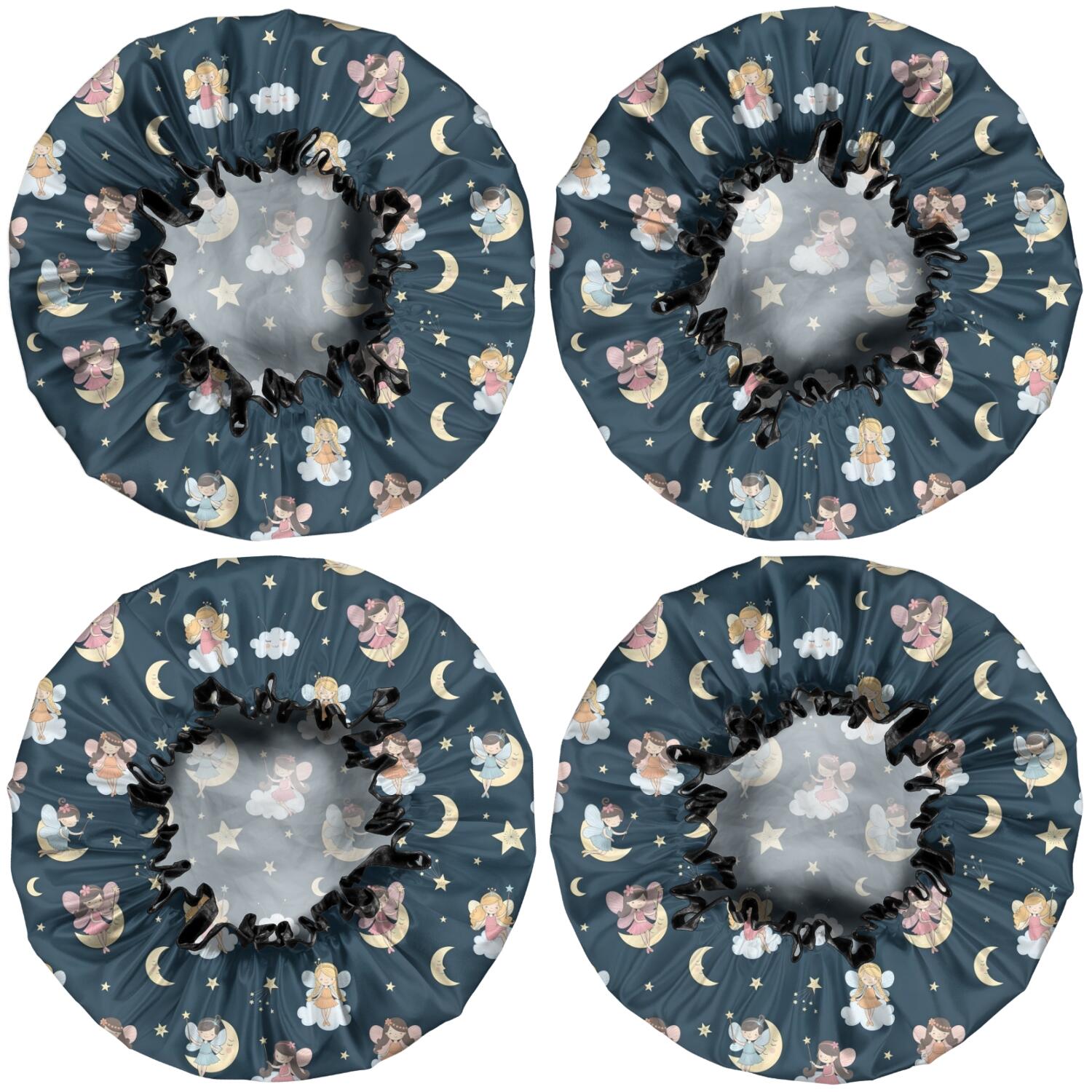 Shower Caps,Dark Blue Star Fairy Pattern Waterproof Shower Cap for Women 4 Pieces,Double Reusable Hair Cover for Shower PEVA Elastic Stretch Hem