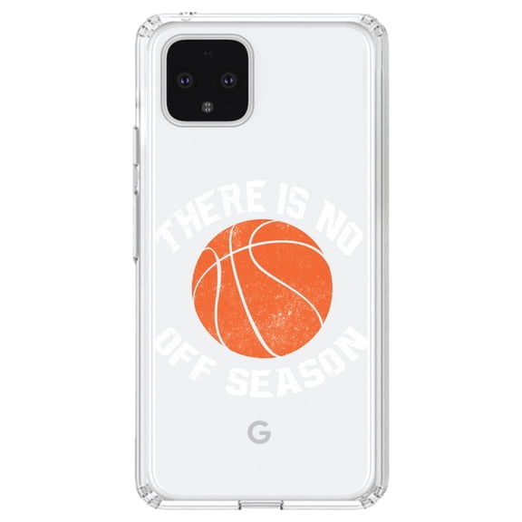 DistinctInk Clear Shockproof Hybrid Case for Google Pixel 4 (6.1" Screen) - TPU Bumper Acrylic Back Tempered Glass Screen Protector - Basketball There is No Off Season