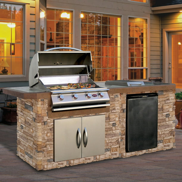 Cal Flame 7 ft. Natural Stone Grill Island With Tile Top And 4 Burner Gas Grill