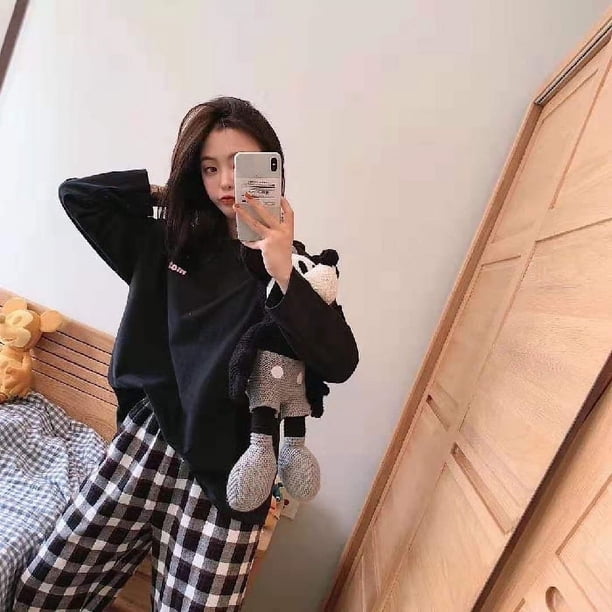 Pijamas a cuadros de otoño para mujer, ropa de casa informal de estilo coreano con dibujos animados, holgados y de manga larga