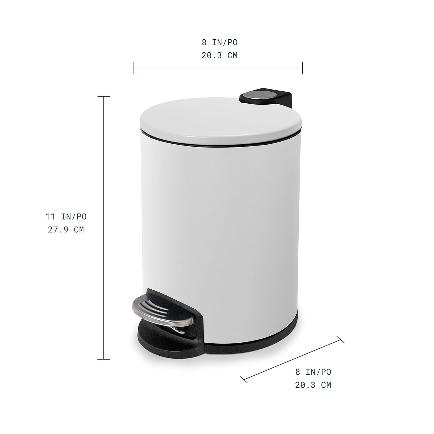Acento Rondo 1.3 Gallon Round Step Trash Can with Soft-Close Lid, Removable Inner Liner Bucket, Premium Pedal Metal Waste Bin for Bathroom, Bedroom, Dorm, Office, Matte White