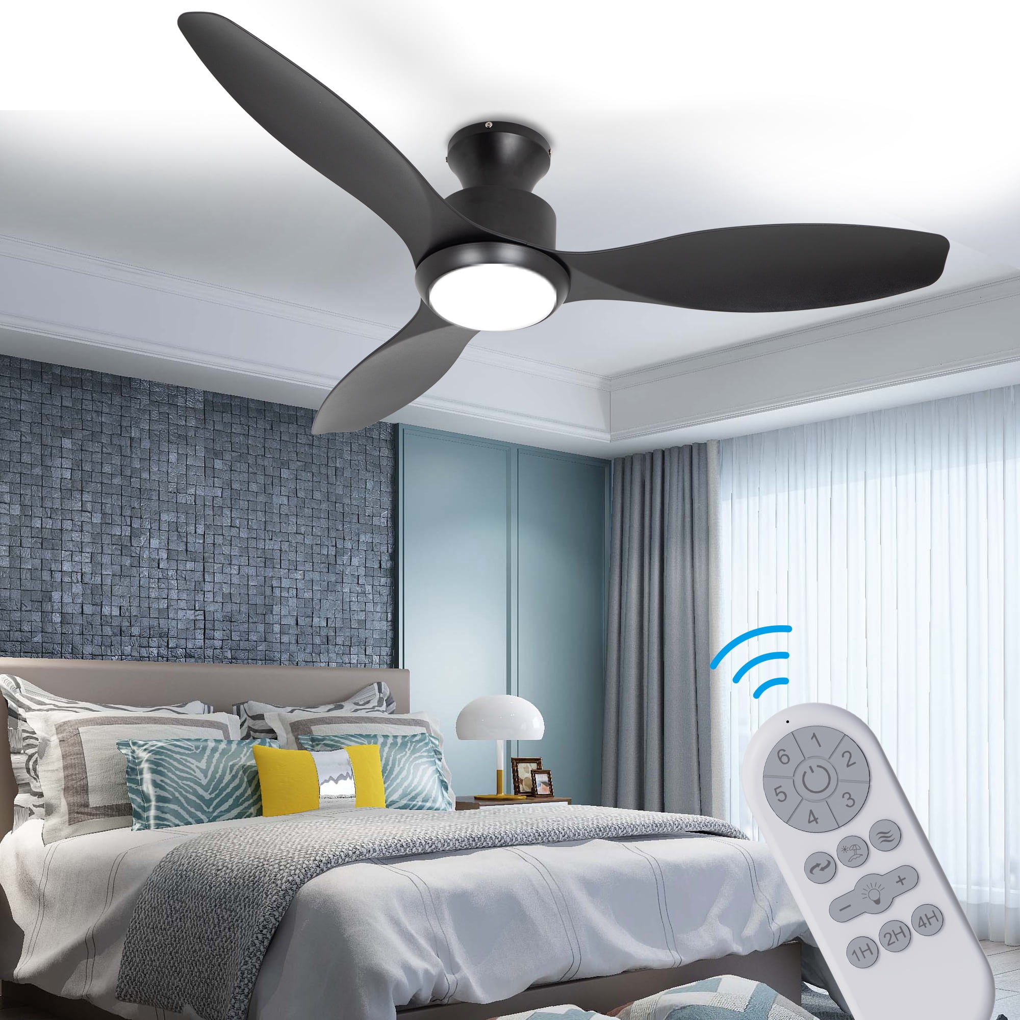 Wozzio 52’’ Indoor Outdoor Ceiling Fan with Light and Remote Control, 3 Black Blades, Silent Reversible DC Motor, Light Memory Function, 6-speed Airflow for Bedroom/Living Room, etc.