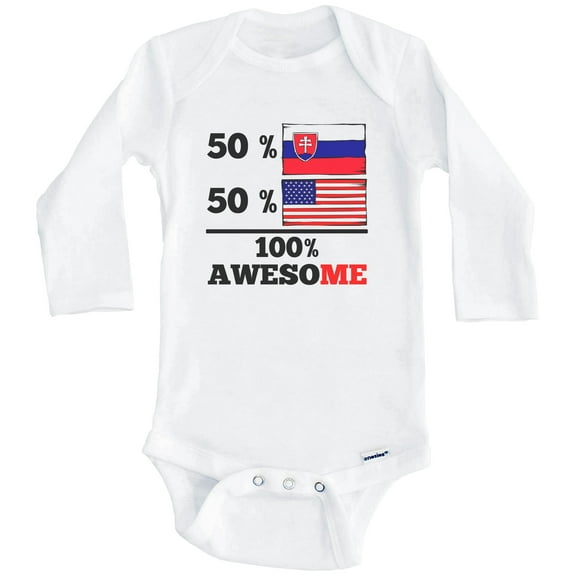 50% Slovakian 50% American 100% Awesome Funny Slovakia Flag One Piece Baby Bodysuit (Long Sleeve), 0-3 Months White