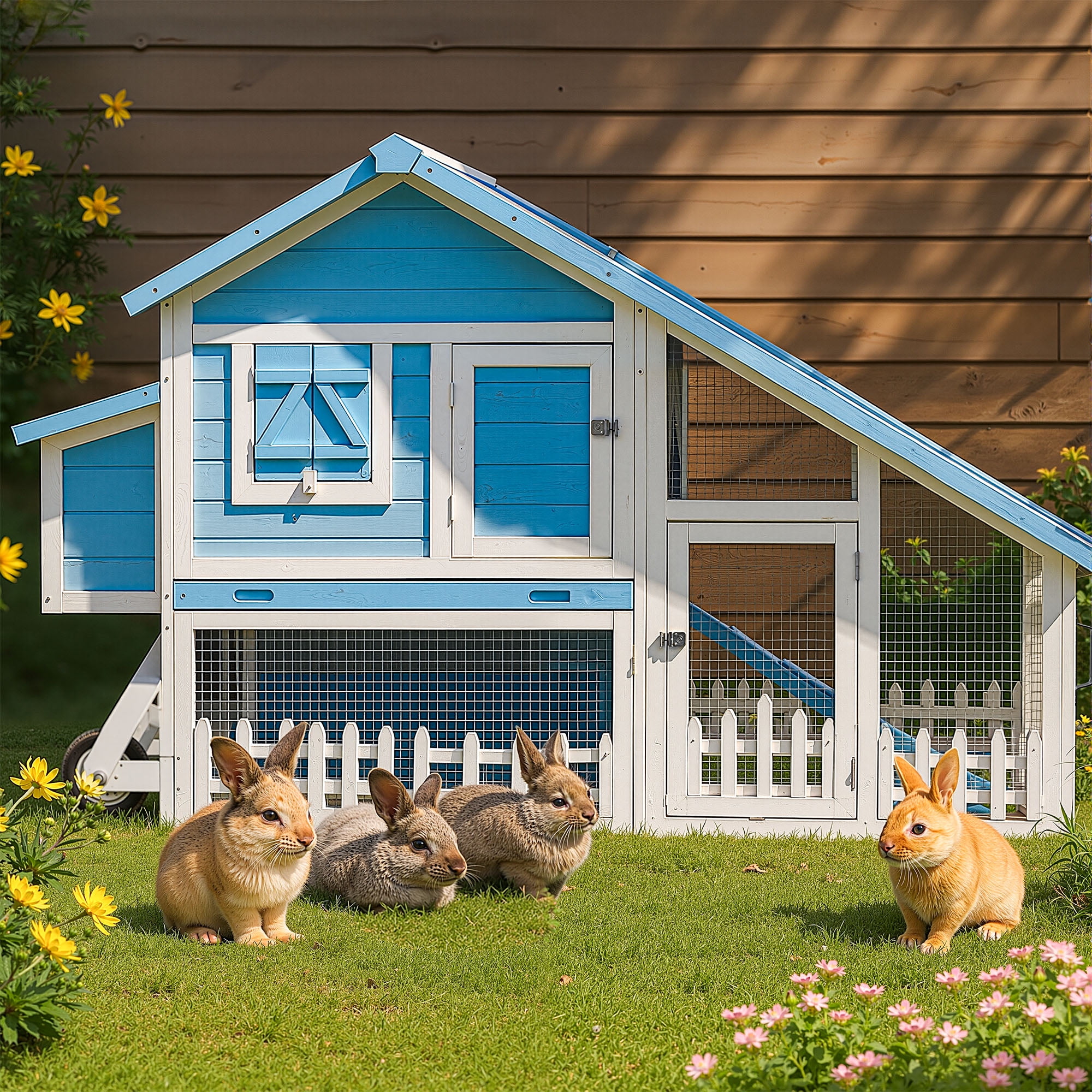 MEWANG Wooden Rabbit Hutch with Wheels, Outdoor Large Bunny Cage with Run, Blue and White Small Animal House with Weatherproof Roof and Pull-Out Tray