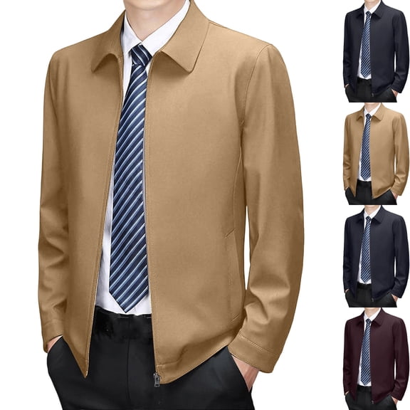 Men's Smart Business Casual Golf Jacket Classic Regular Fit Full Zip Turn Down Collar Bomber Coat, Lightweight with Pockets for Daily Commute Travel, Khaki, XL