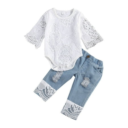 

Long Sleeve Lace Romper Top Jeans Clothes Toddler Girls Solid Color Lace Medium Sleeve Denim Trousers 2PCS Set Baby Kids Child Clothing Streetwear Dailywear Outwear