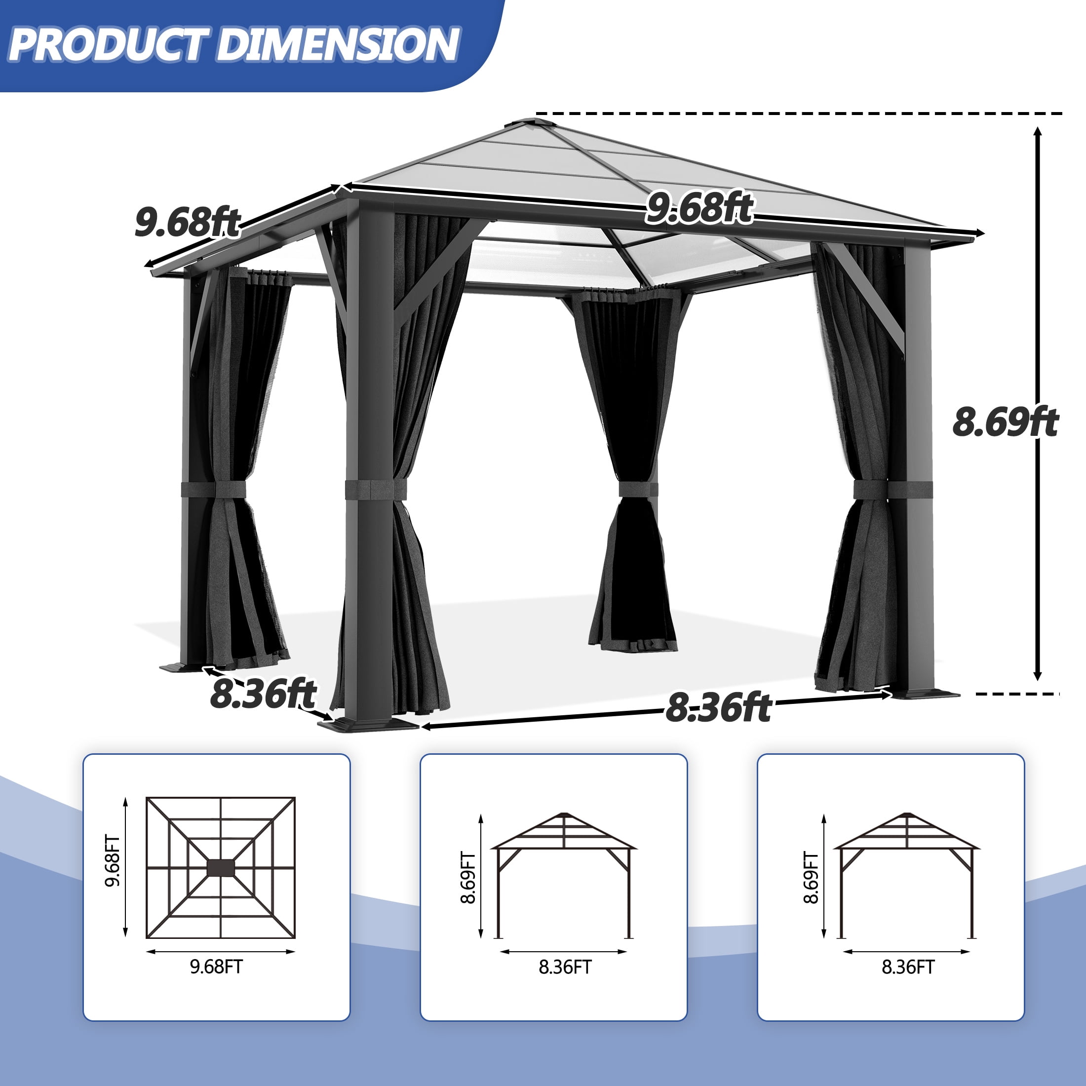 Howsvn 10' x 10' Hardtop Gazebo, Outdoor Polycarbonate Roof Gazebo with Steel Frame, Permanent Pavilion with Netting& Curtains