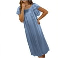 thumbnail image 5 of Lorytime Nightgowns for Women Full Length Long Short Sleeve Ice Silk Sleepdress Crewneck Solid Sleepshirts Nightdress Pleated Pajamas Dress Comfy Soft Lounge Nightgowns Blue, 5 of 5