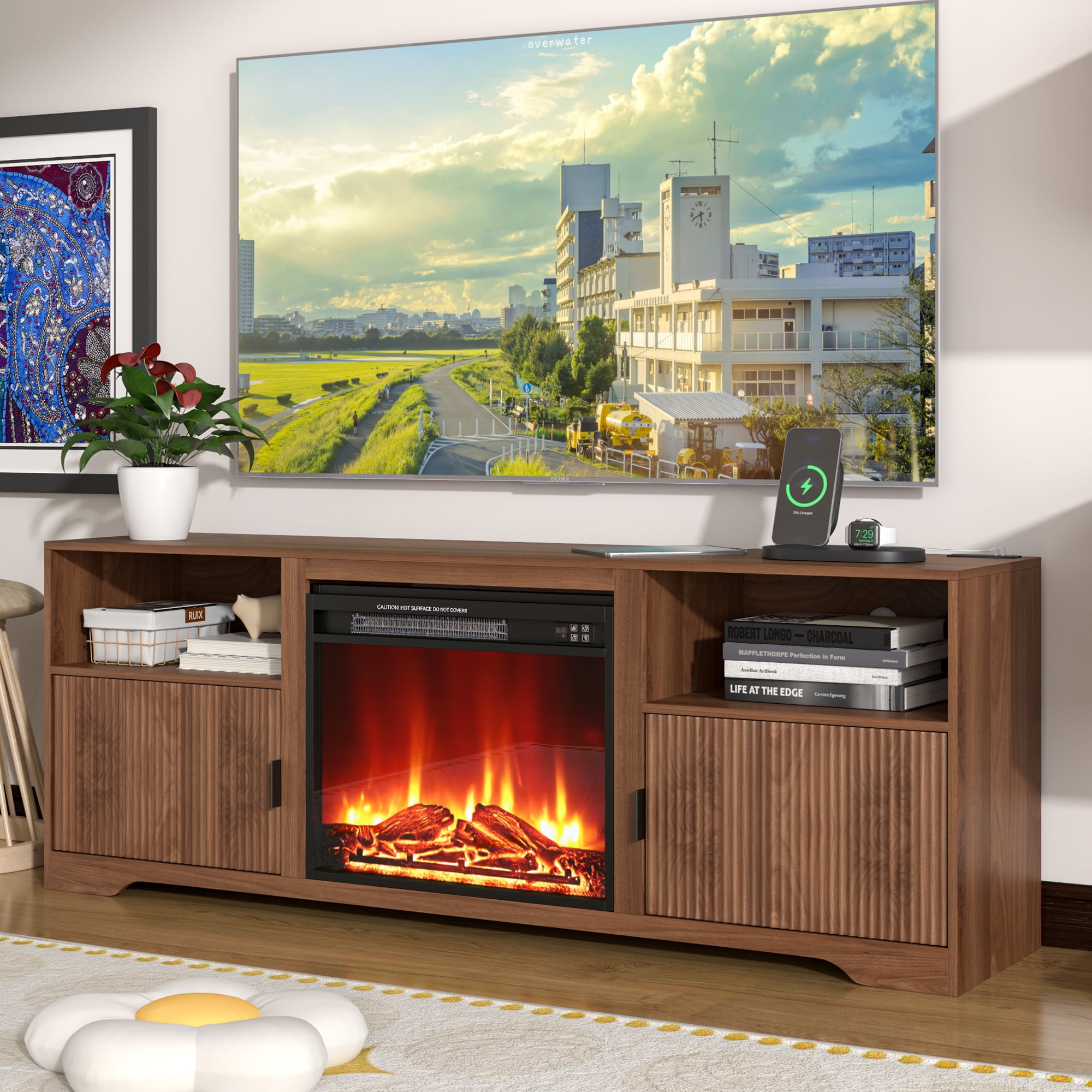 LUCKYELF Fireplace TV Stand, Entertainment Center for TVs up to 80", Wood Media Console for Living Room, Bedroom, Walnut
