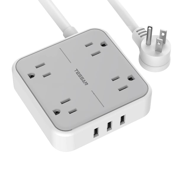 Power Strip TESSAN con 3 puertos USB, 4 salidas, cable de 1,5 m, color gris